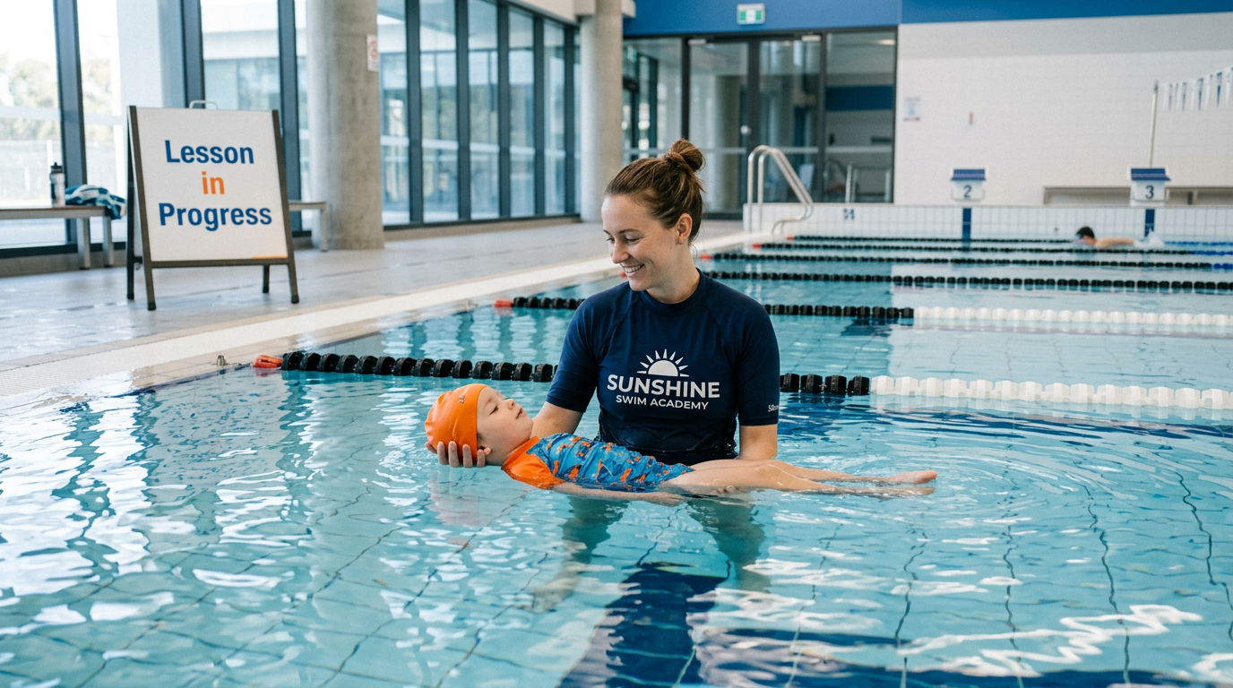 Child floating on back in warm pool light, instructor supporting gently