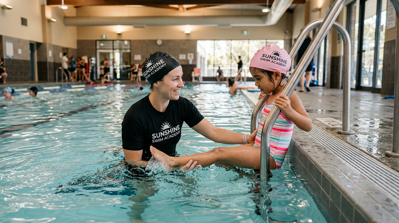 Young child practicing kicking drills at pool edge, smiling