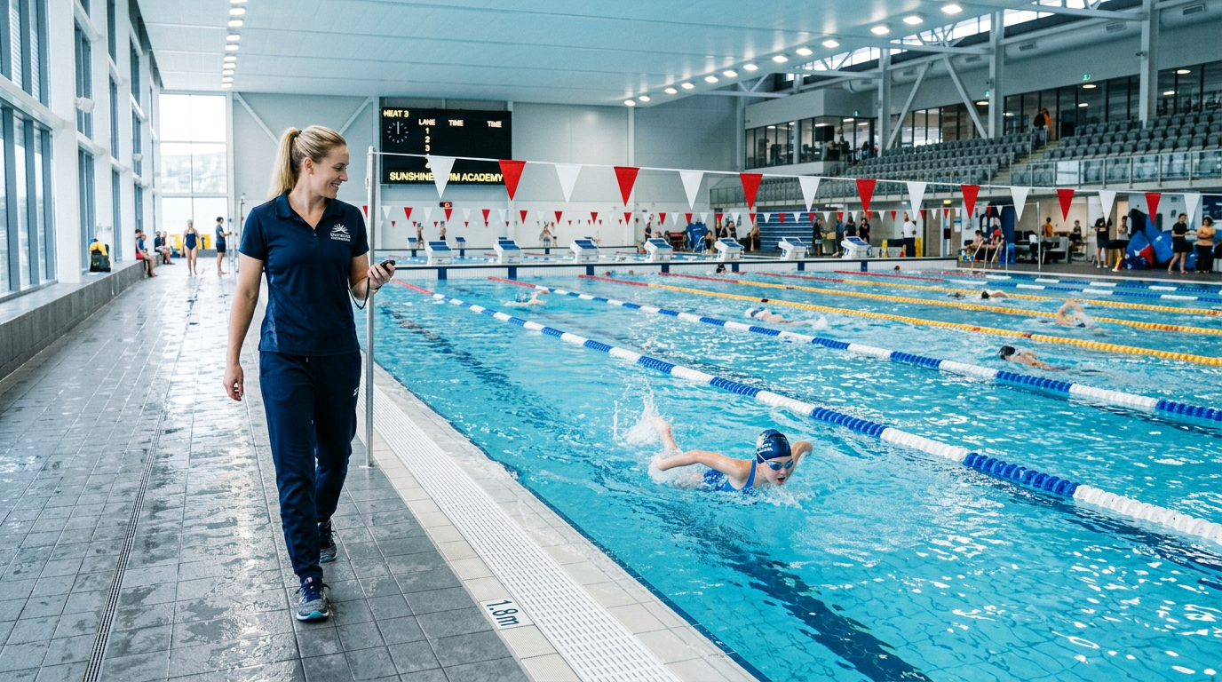Confident child swimmer gliding through warm lit pool