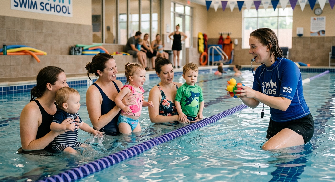 Parent and toddler laughing together in swim class