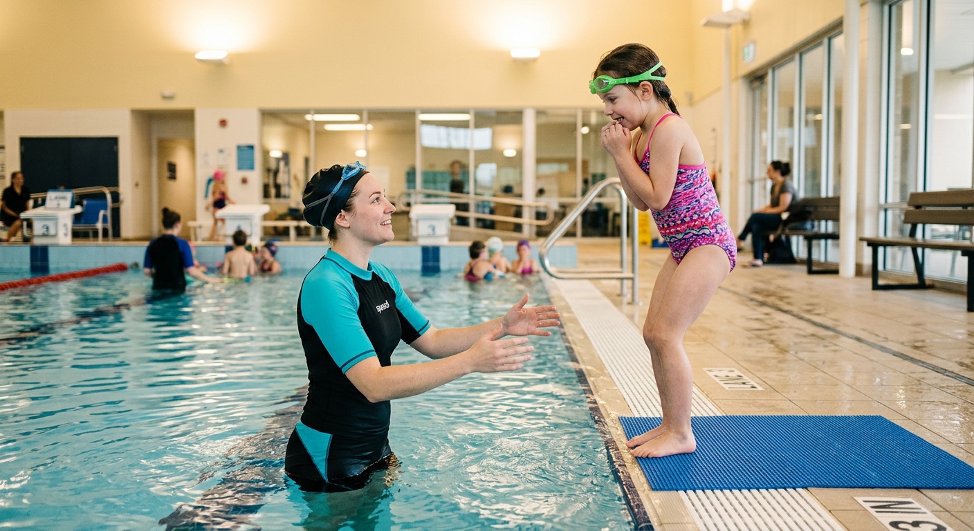 Child leaping joyfully into pool toward waiting instructor