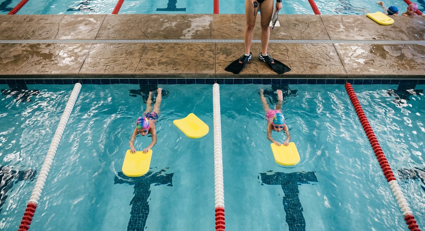 Overhead view of children practicing arm strokes in shallow water