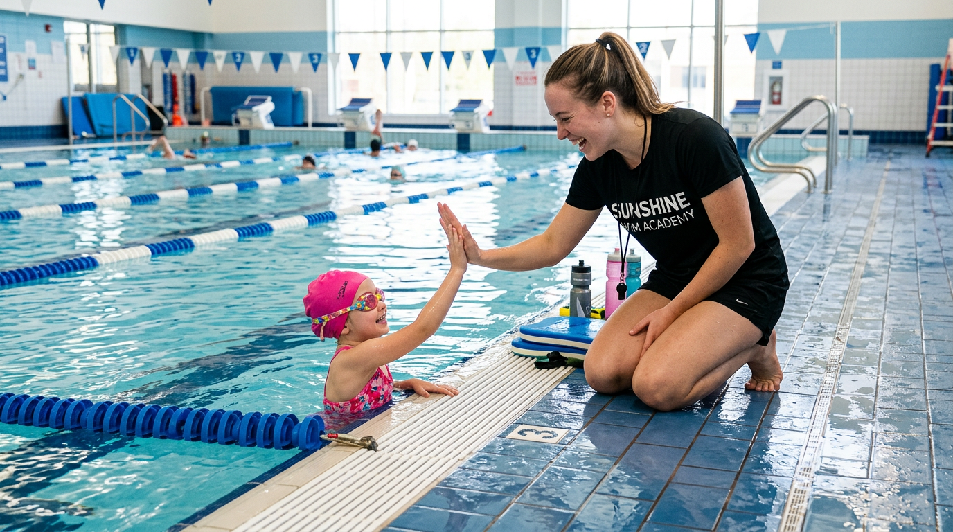 Instructor high-fiving proud child swimmer after completing a length