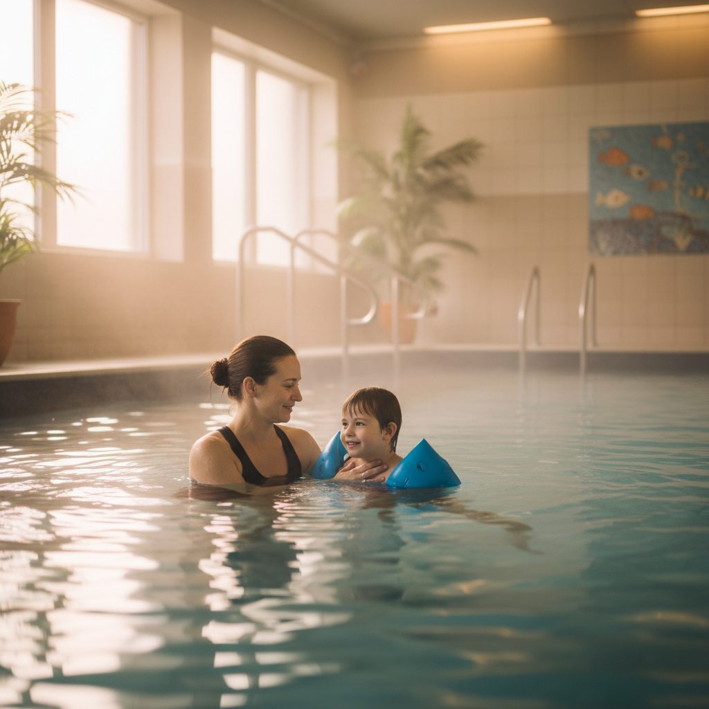A nurturing instructor helping a child with special needs in a calm, warm indoor pool