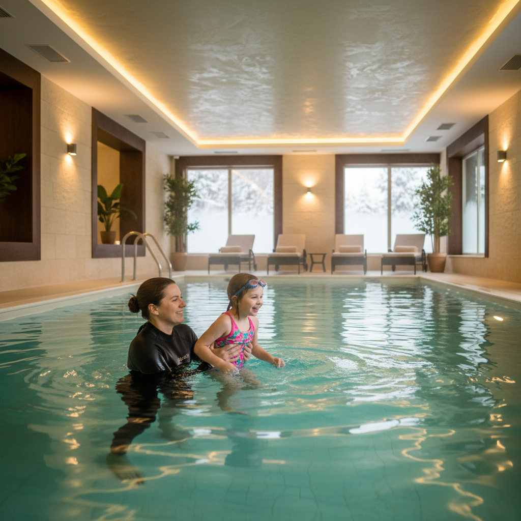 Swim instructor guiding a young child learning to swim in a warm indoor pool