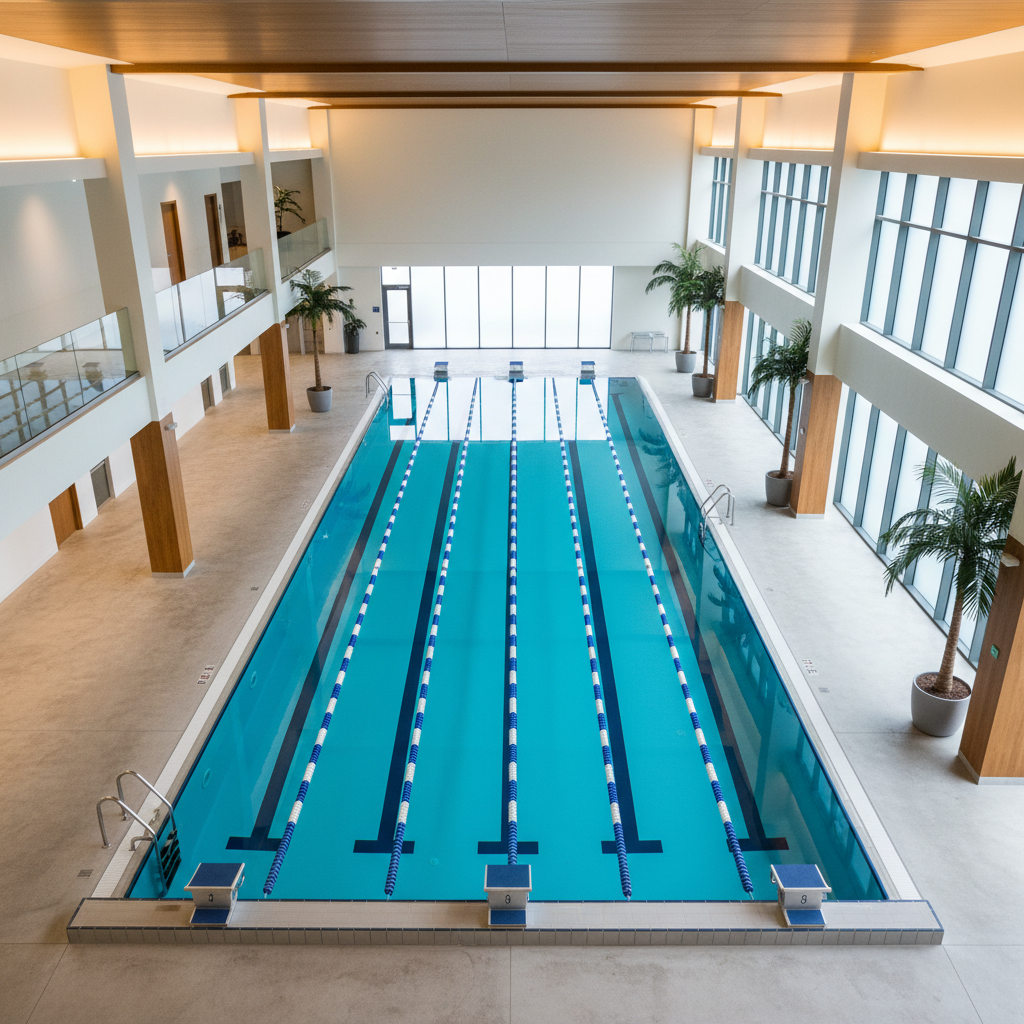 Aerial view of a beautiful indoor swimming pool with lane lines and warm lighting